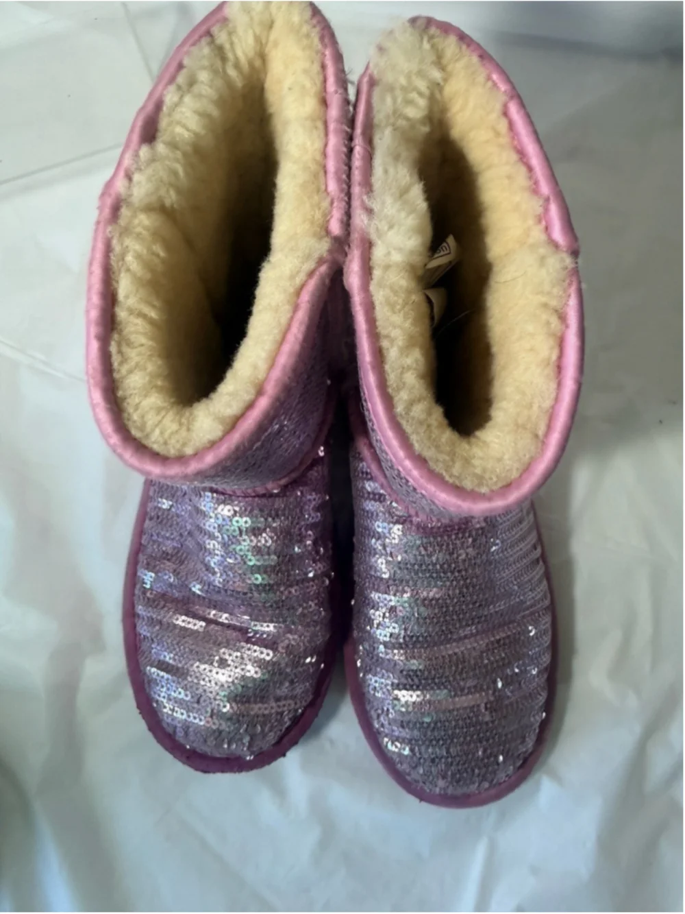GIRLS UGG AUSTRALIA PINK SEQUIN WINTER BOOTS SHEEPSKIN LINED SPARKLE US 3/UK 2